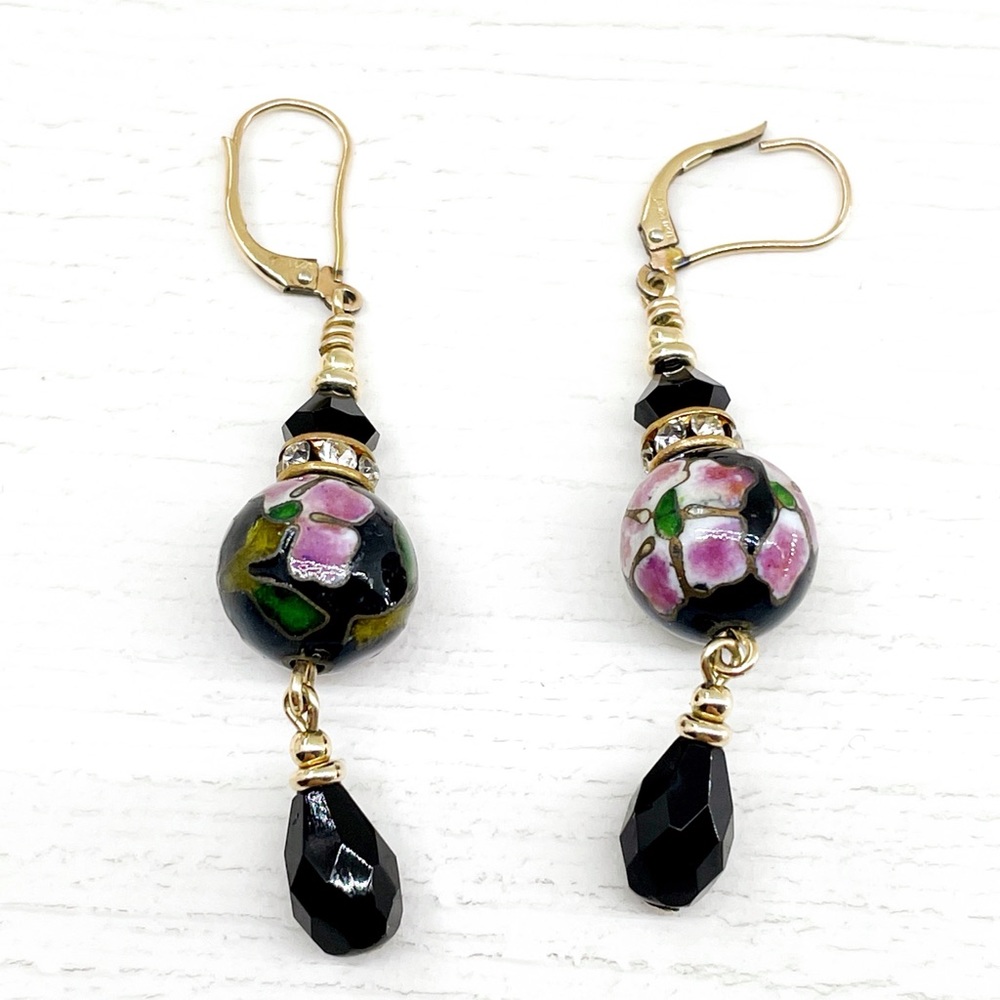 VTG cloisonné and onyx dangle earrings 14k gf